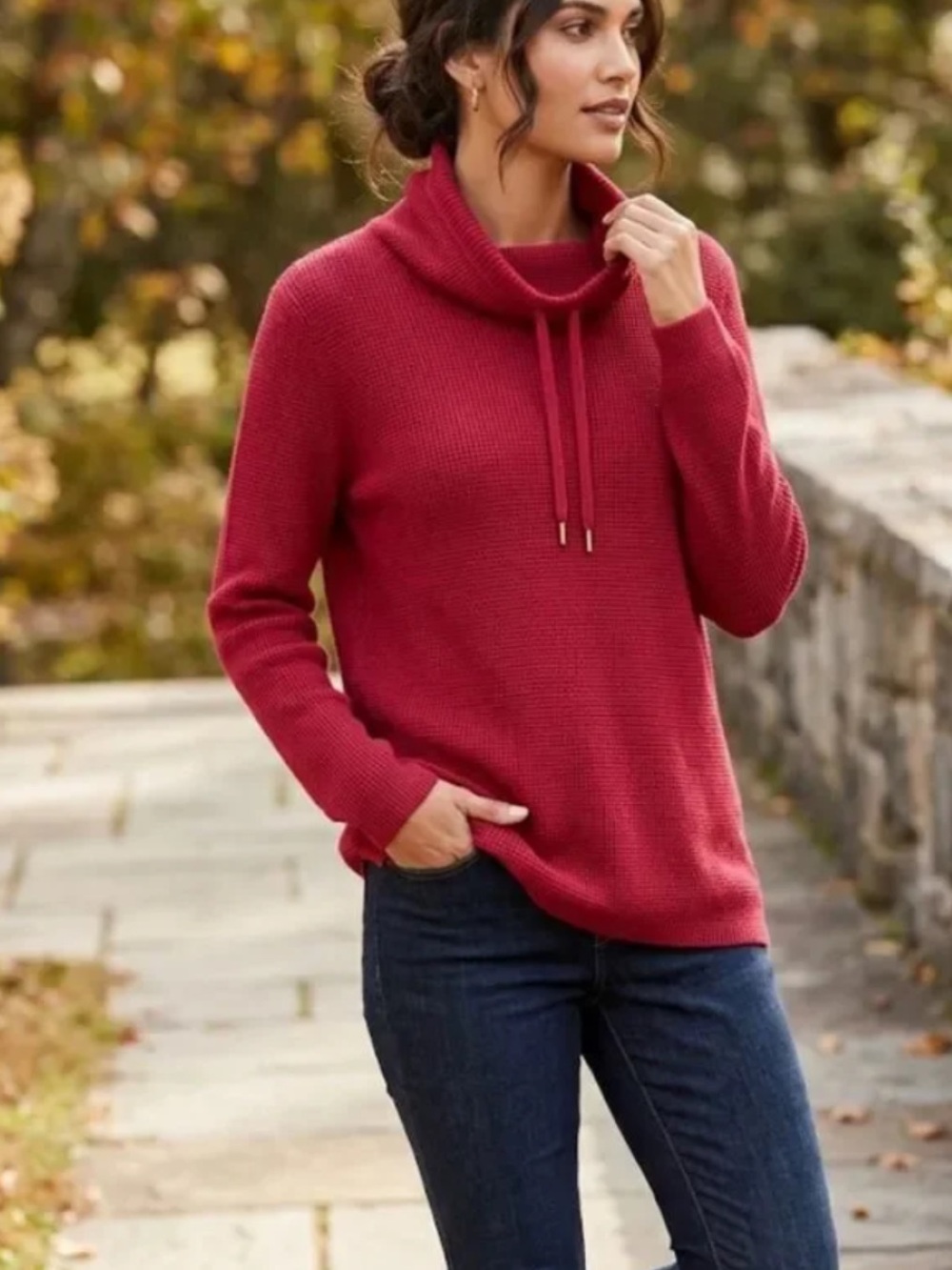 Lauren Ralph Lauren Sweater Women 2X Red Waffle Knit Cowl Long Sleeve Pullover